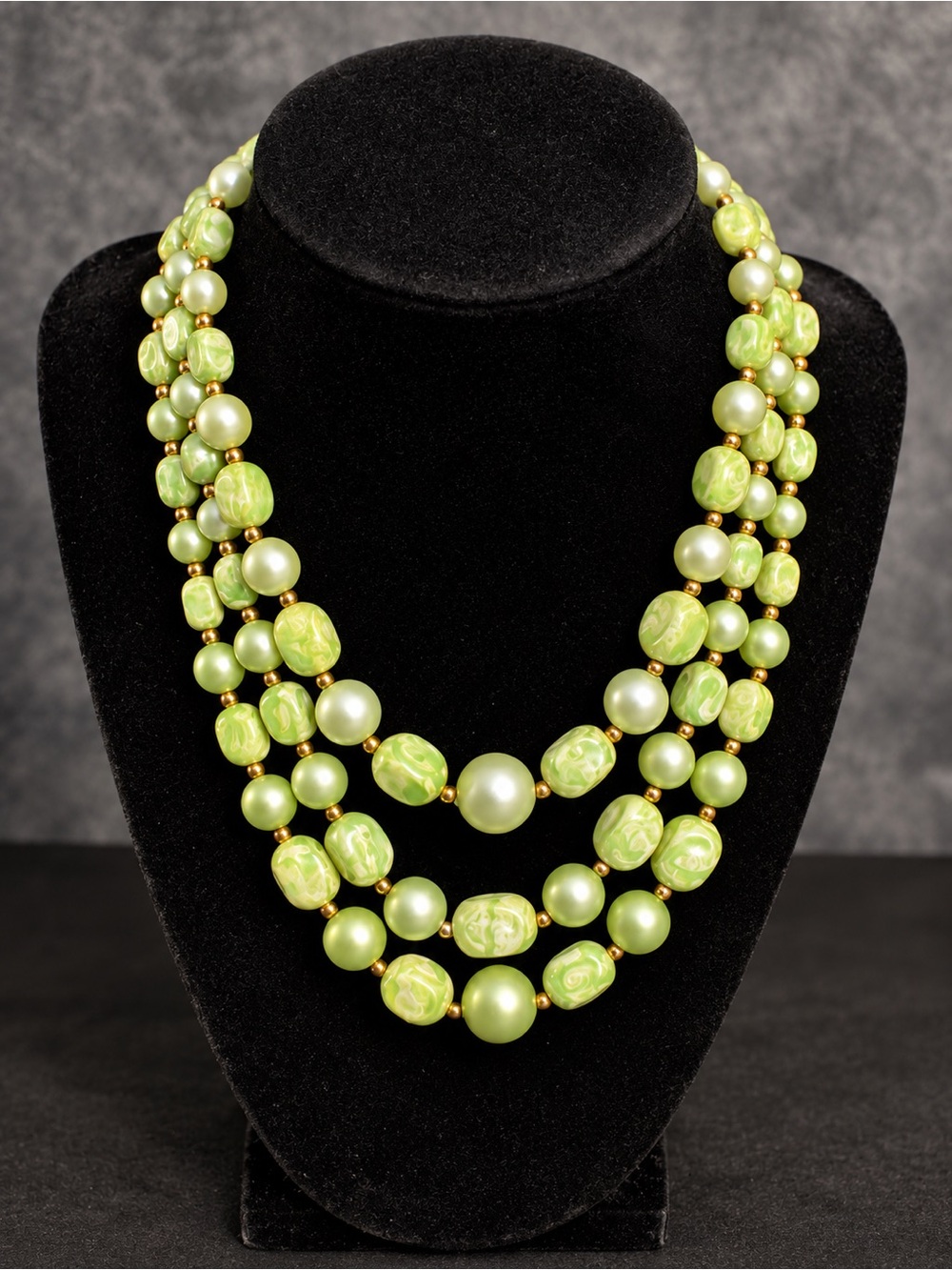 Green Multi-Strand Beaded Statement Necklace – Gold Tone Accents